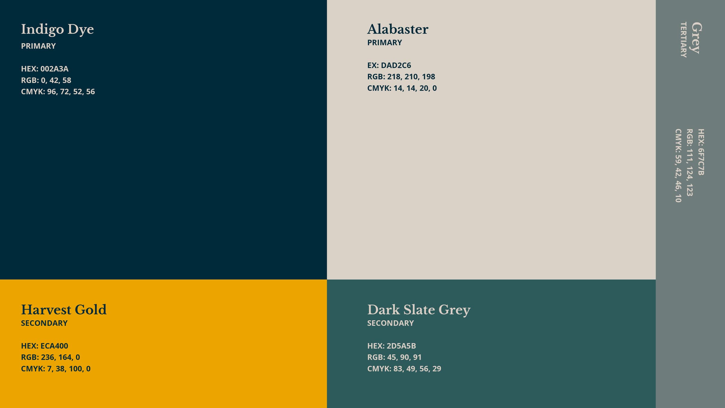 The palette: Indigo Dye and Alabaster as primaries, Harvest Gold and Dark Slate Grey as secondaries, with a grey tertiary