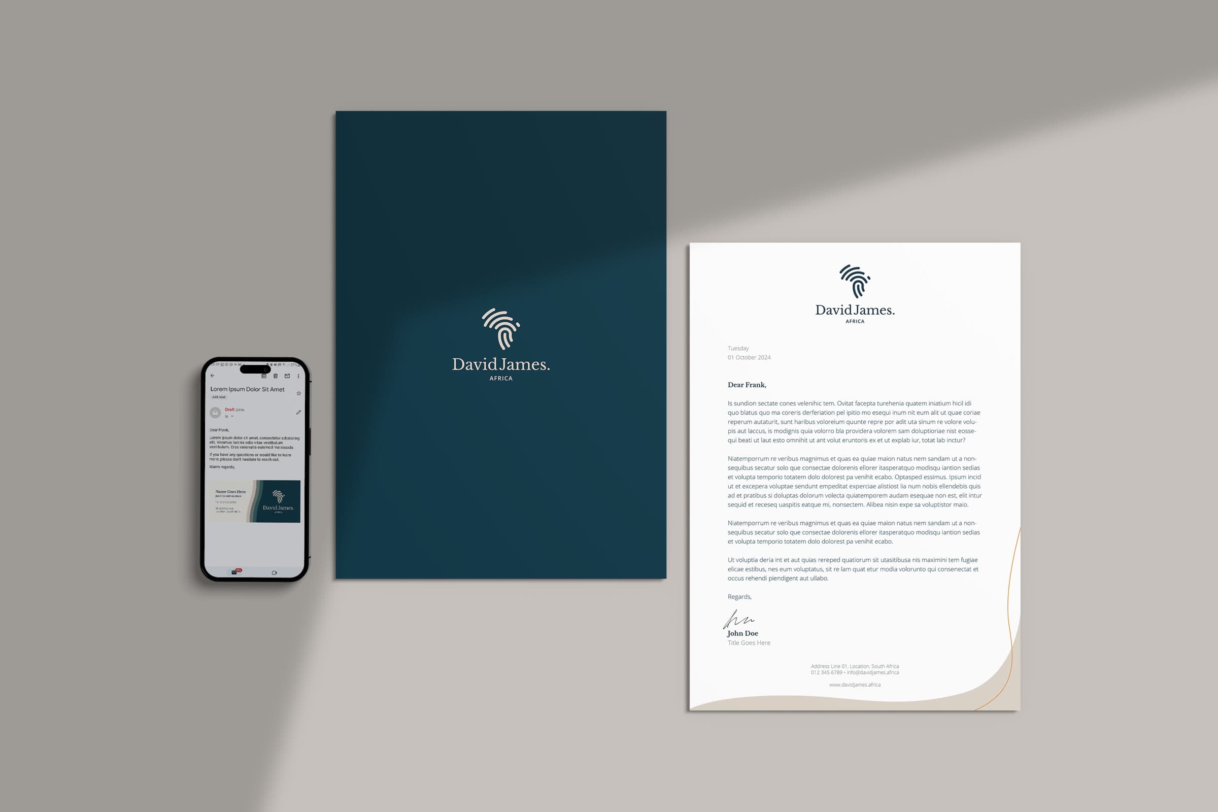 Stationery: business card, letterhead and an email signature on a phone