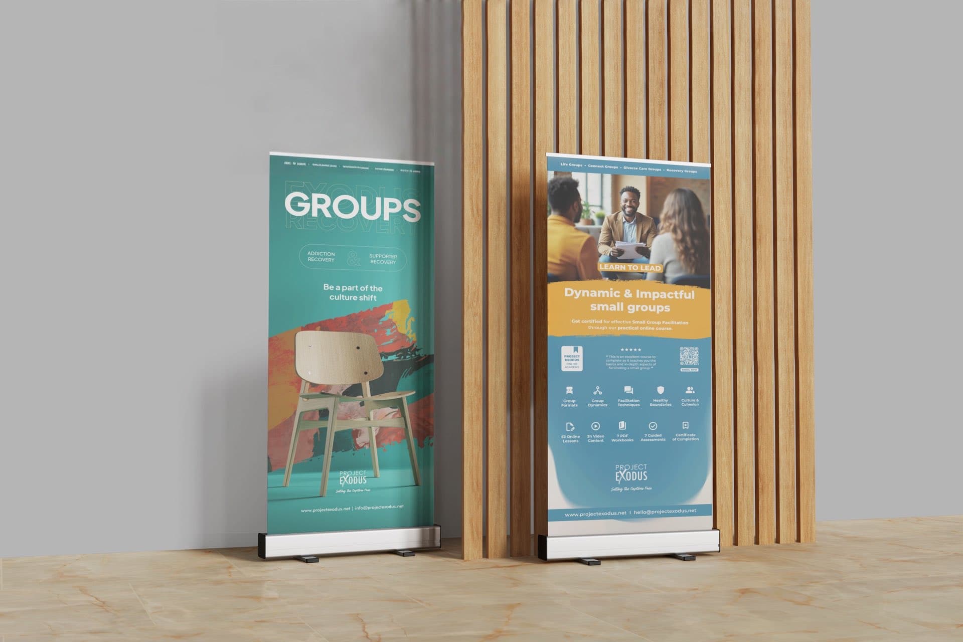 Two pull-up banners against timber slats: a teal one reading Groups, and one for the small group facilitation course