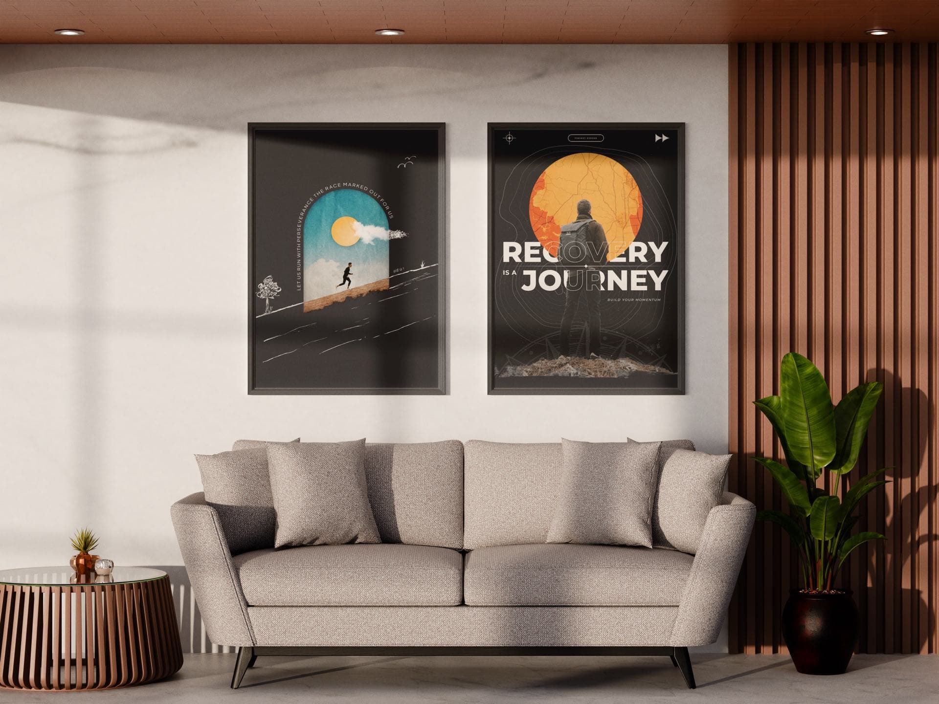 Two framed posters above a couch: a figure running through a lit doorway, and Recovery is a Journey