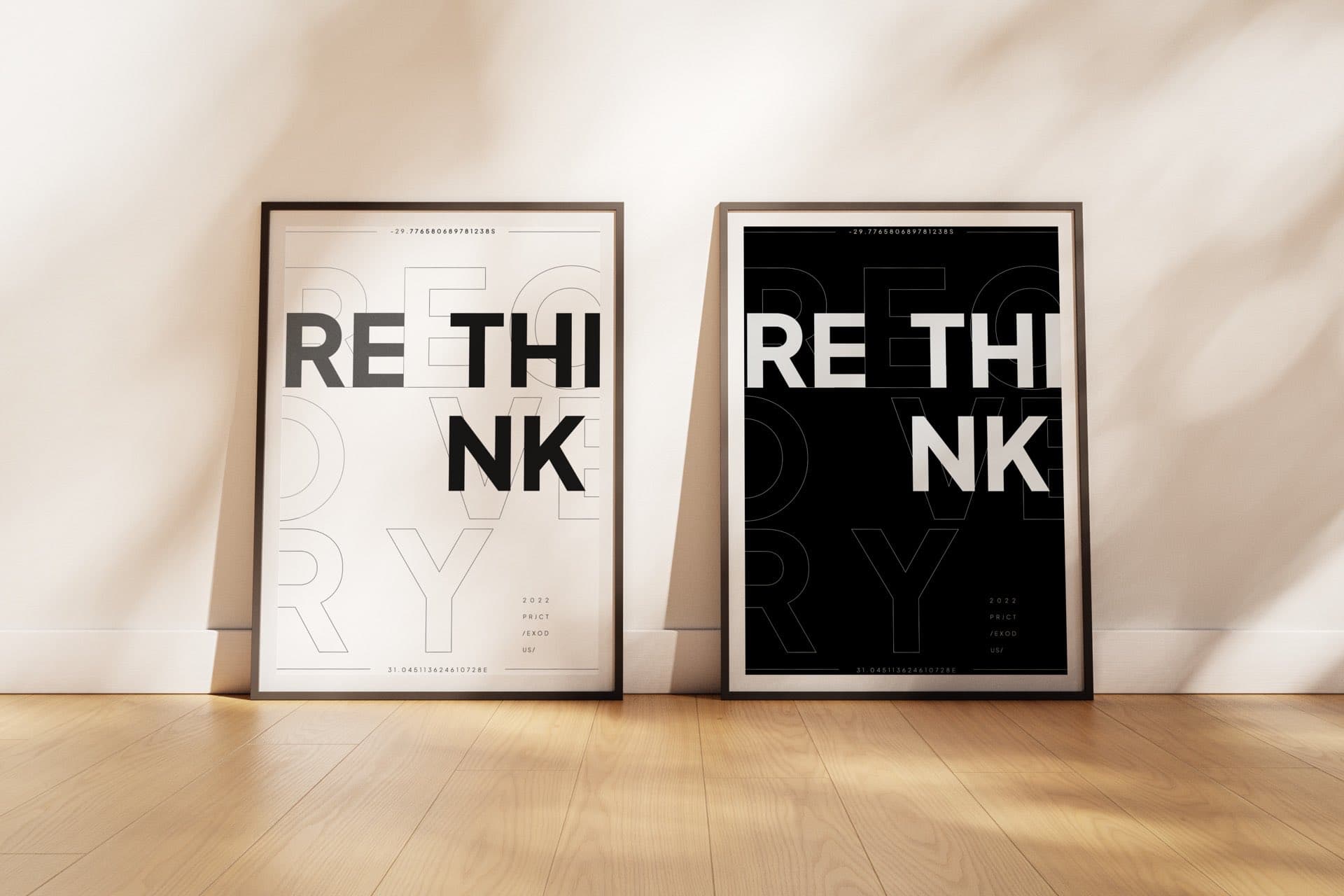 Two framed Rethink Recovery posters, one light and one dark, leaning against a wall