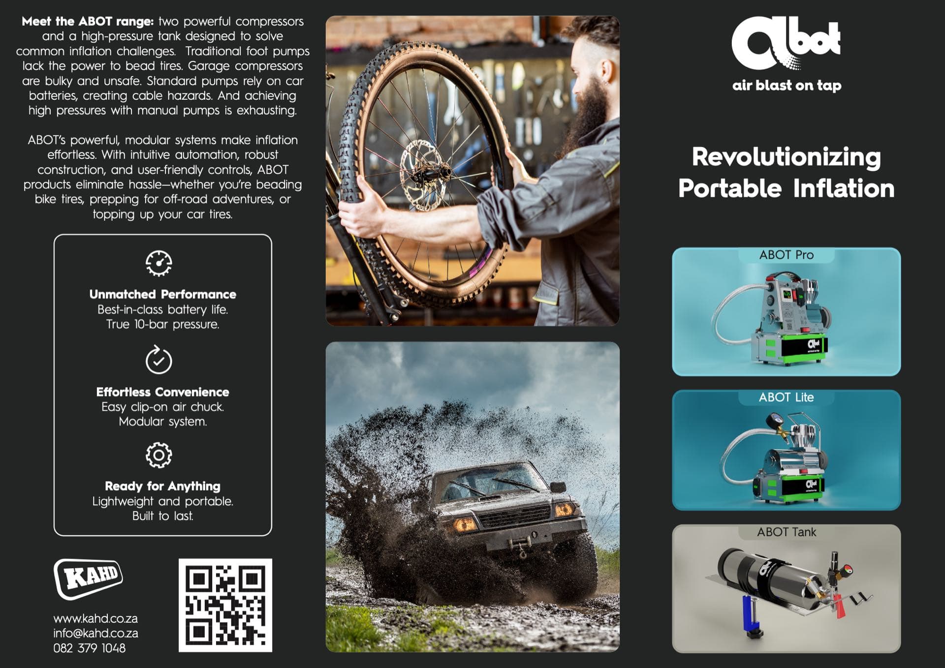 The outside of the trifold: the ABOT wordmark and Revolutionizing Portable Inflation, a workshop photograph and a mud-spraying truck, with the three products down the right