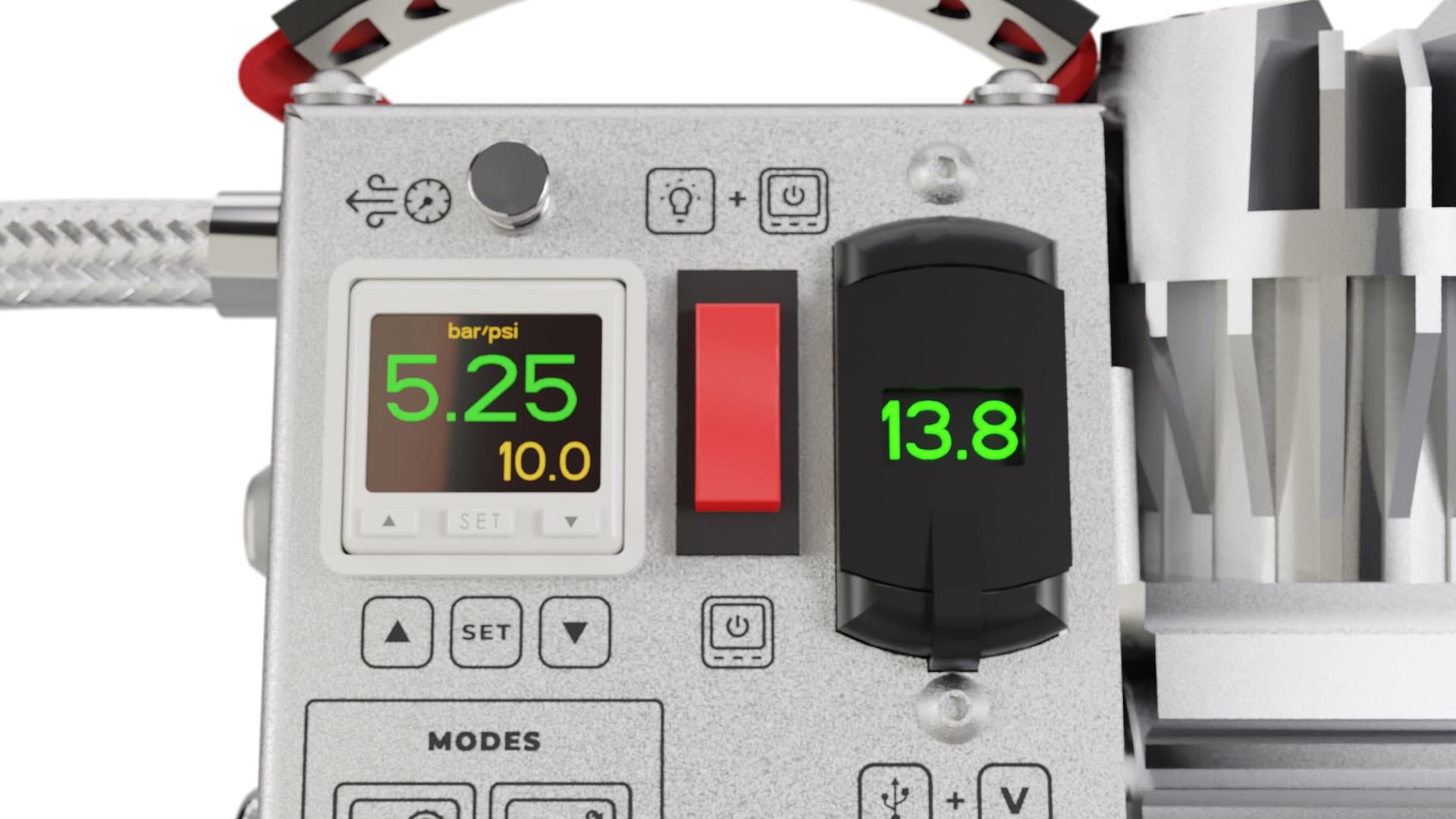 Close render of the Pro's control plate, the same icons around the pressure display and the mode buttons