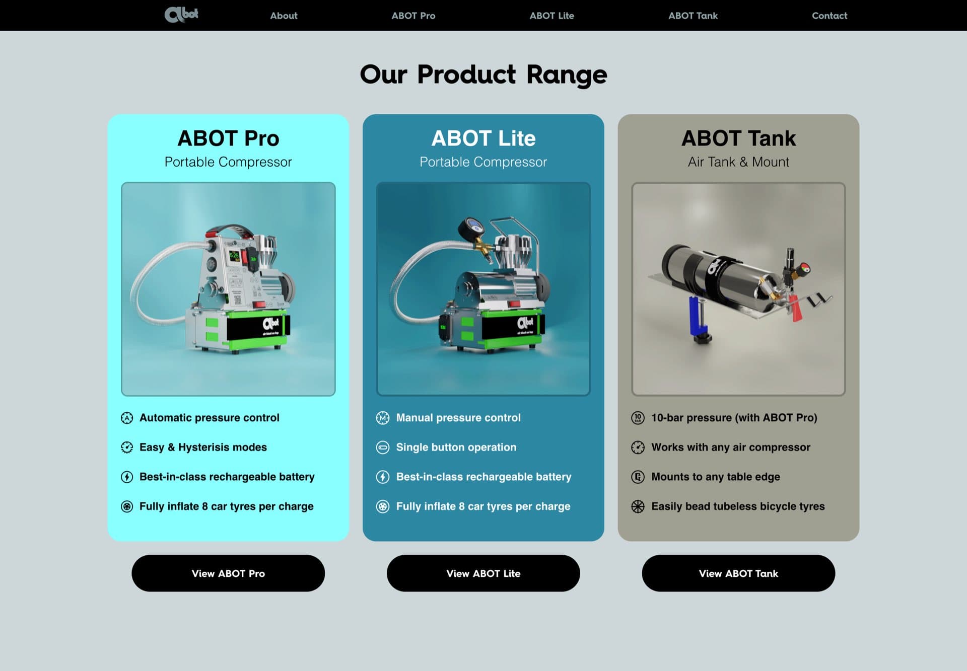 The Our Product Range section of kahd.co.za: three cards side by side for ABOT Pro, ABOT Lite and ABOT Tank, each in its own colour with a render and four feature lines