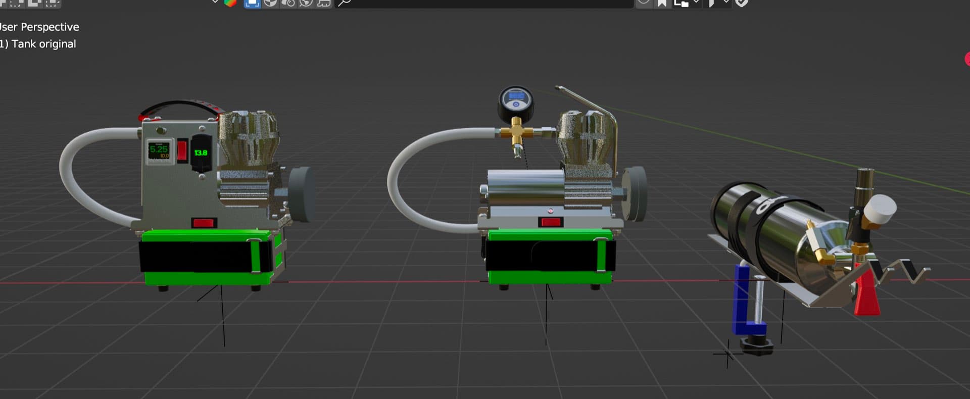 The three products side by side in a Blender viewport, materials applied, on the grid floor of the working file